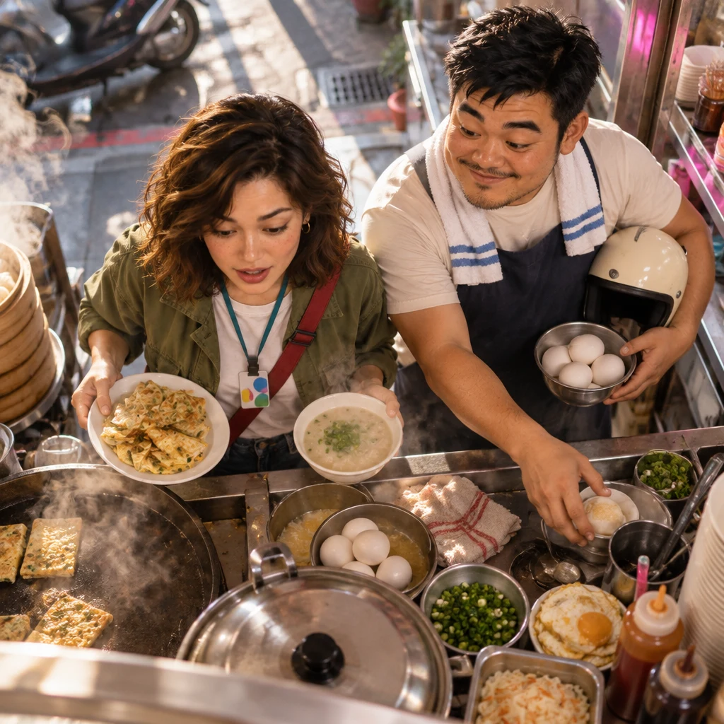From above, Maya stands trapped in a messier breakfast rush with both hands full as the simple plan turns into extra trouble.