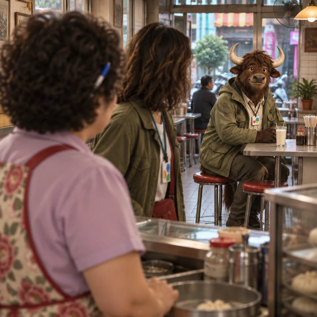From Auntie Lin's shoulder, Maya looks toward A-Li the yak occupying two stools at the back with soy milk untouched.