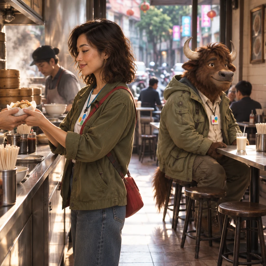 Maya stands in profile toward the back, taken aback at the outcome, while A-Li the yak still occupies two stools with soy milk untouched.