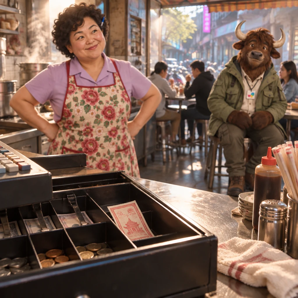 The open till holds a fortune slip in the foreground, with Auntie Lin hands-on-hips and A-Li the yak unmoved on two stools, both soft in the background.