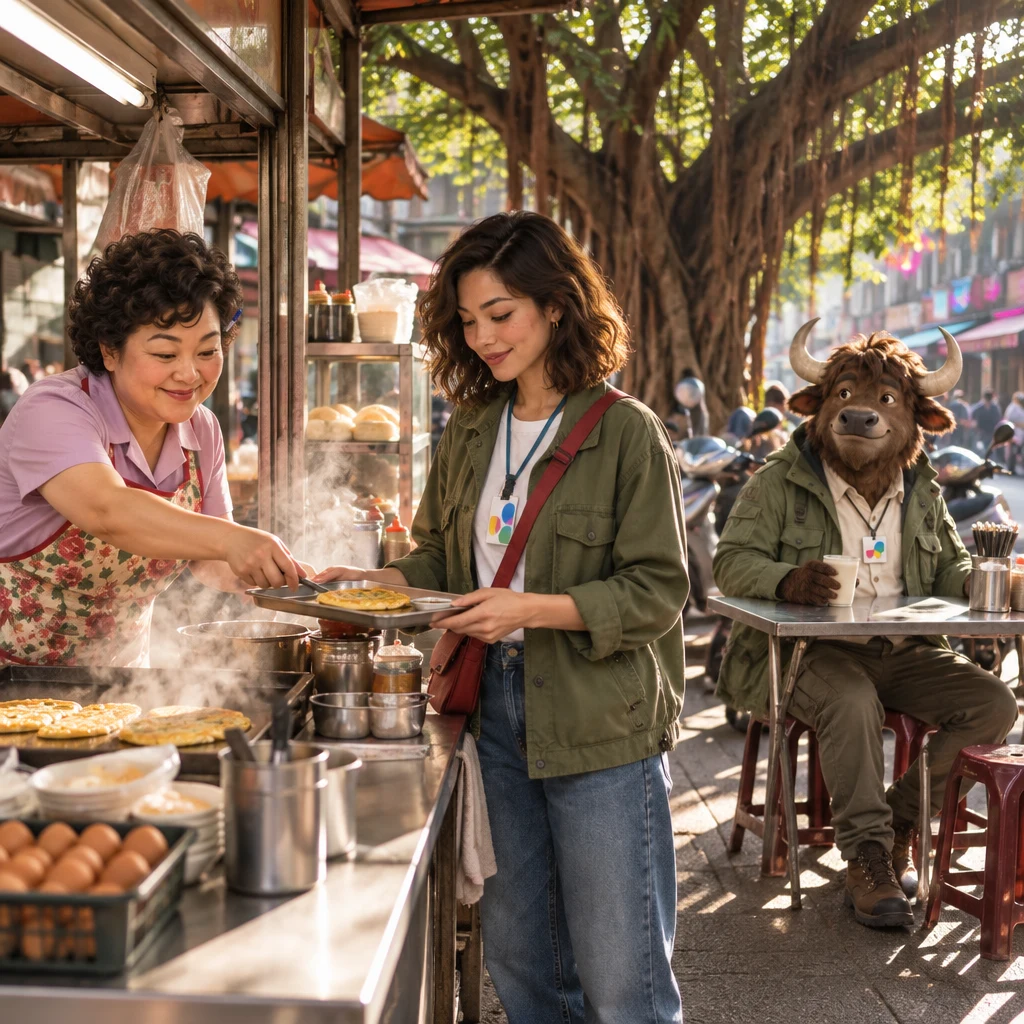 Auntie Lin sets a second egg pancake on Maya's breakfast tray while A-Li the yak sits at the back on two stools with unfinished soy milk.