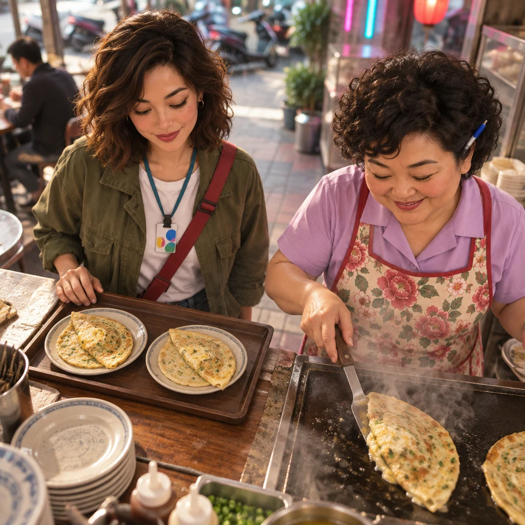 Maya looks down at two egg pancakes on her tray while Auntie Lin works the griddle beside her.