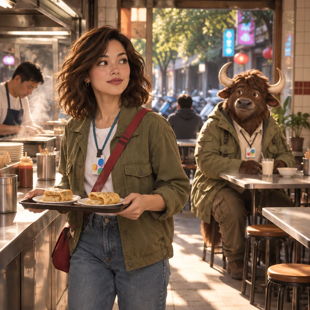 Maya turns from the counter with her tray toward A-Li the yak in the back.