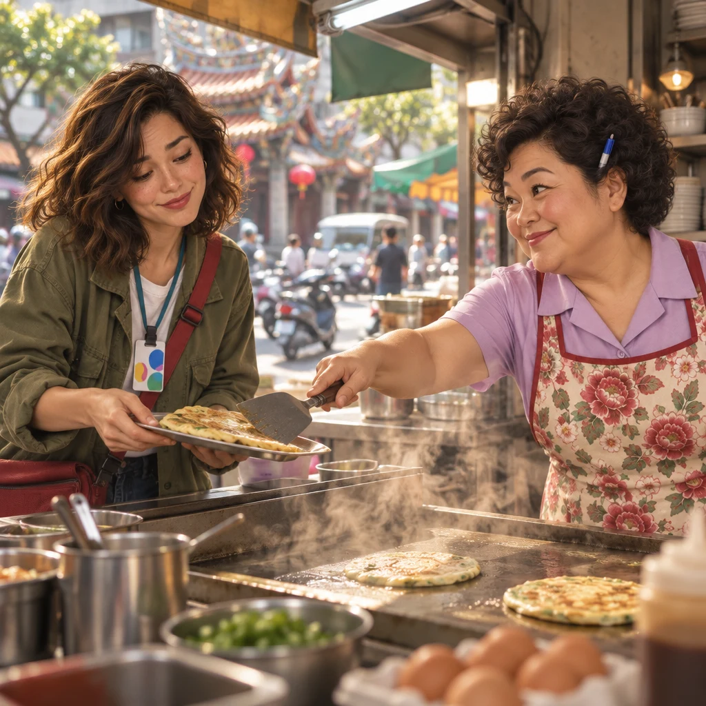 Maya tries to give back the extra egg pancake while Auntie Lin nudges it onto the tray again.