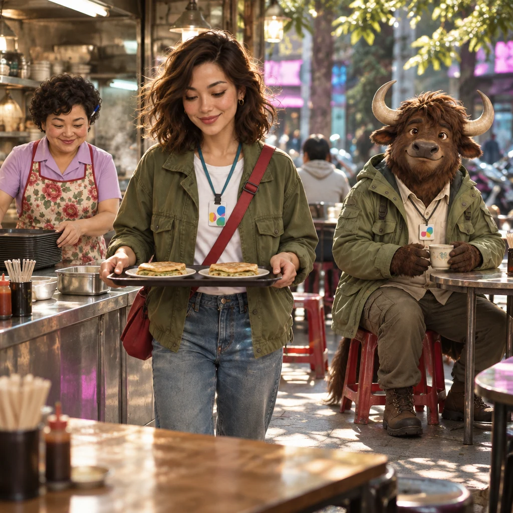 Maya walks from the counter with both egg pancakes on her tray while Auntie Lin stacks trays and A-Li the yak sits at ease in the back.