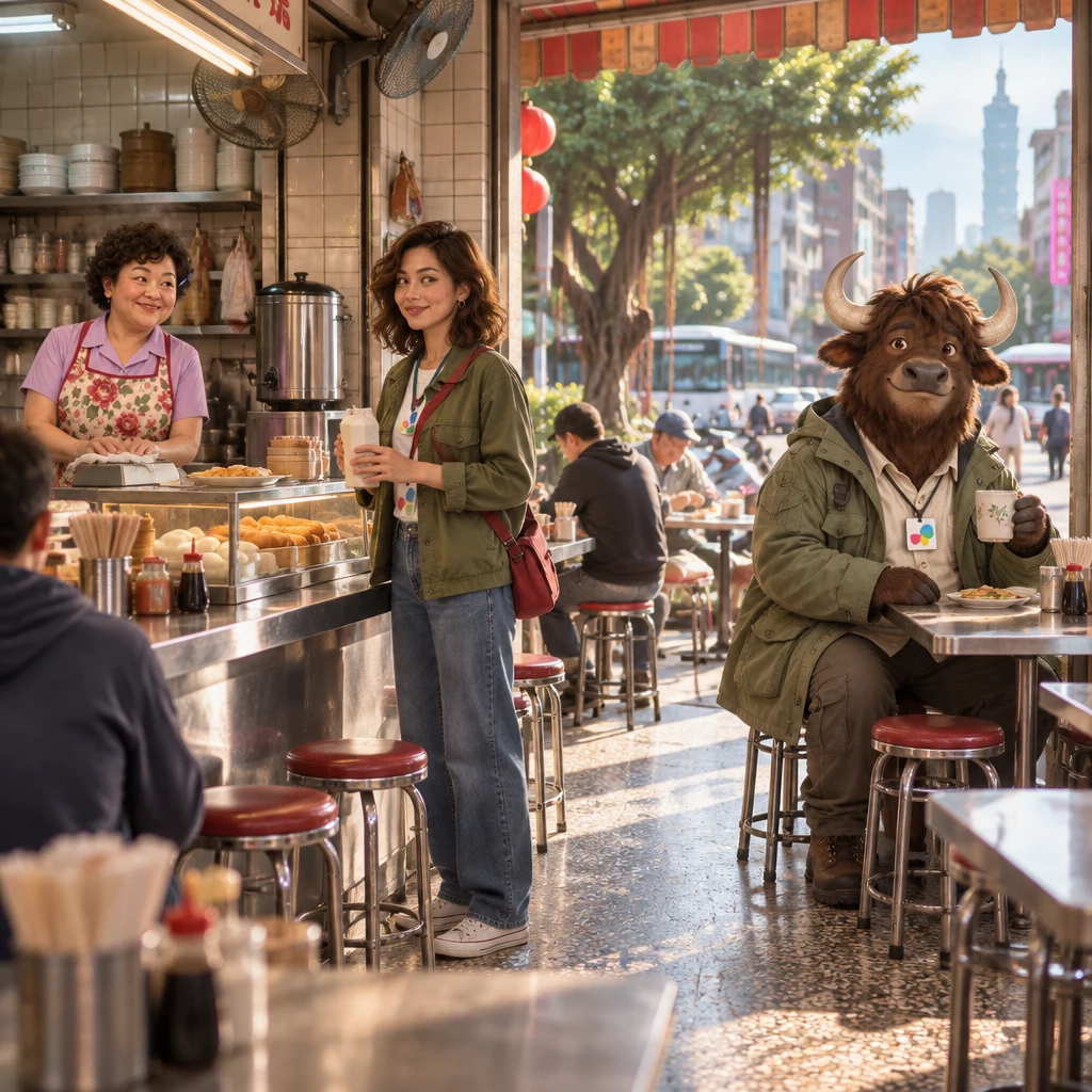 Late-morning Banyan Breakfast with Maya at the counter holding a carton, Auntie Lin wiping the till, and A-Li the yak on two stools with unfinished soy milk.