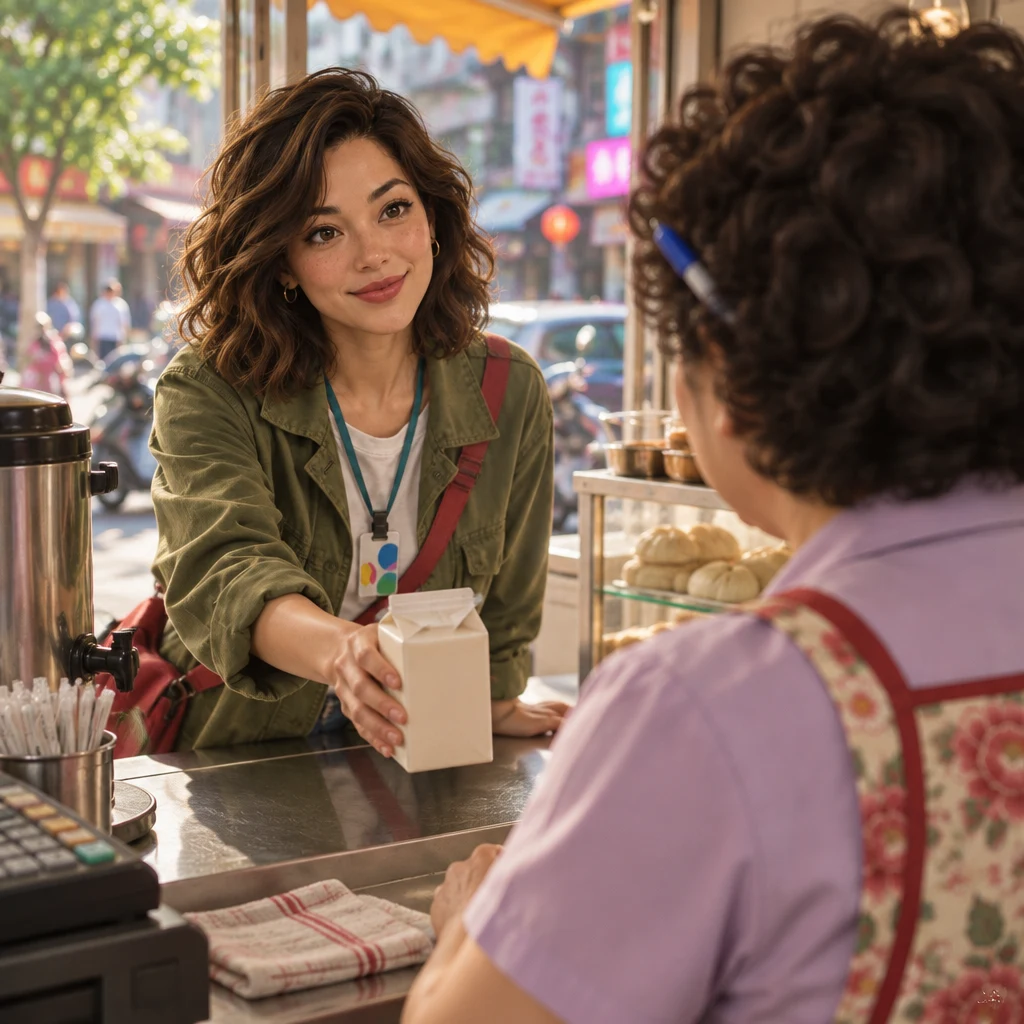 Maya leans over the counter and offers a carton to Auntie Lin, who has paused mid-wipe at the till.