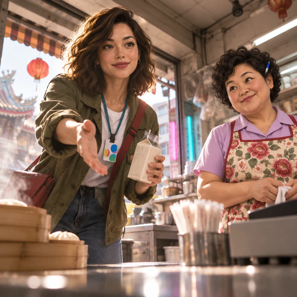 Maya steps closer and sweeps one hand forward while holding a carton, urging Auntie Lin to act now.