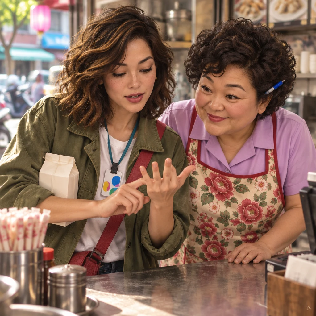 Maya tucks the carton in one elbow and counts benefits on her fingers while Auntie Lin leans in over the counter.