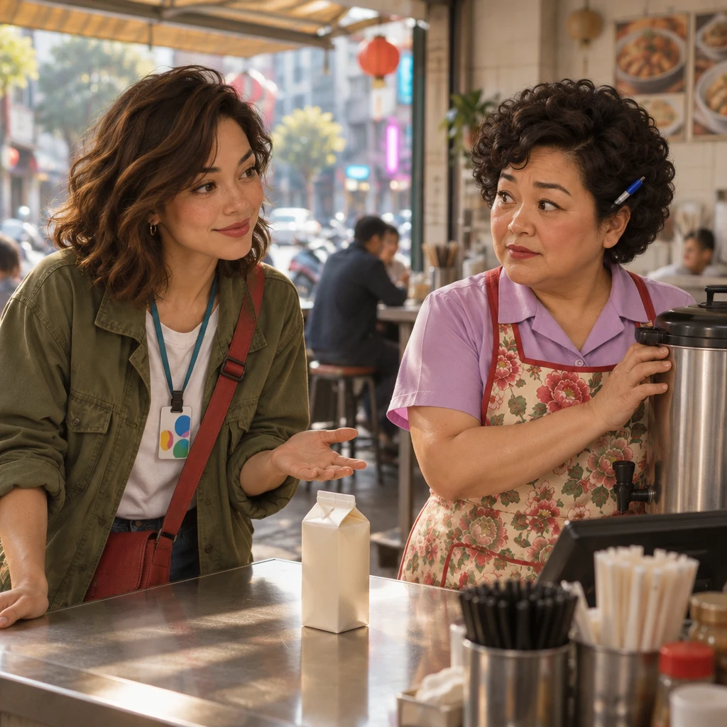 Maya sets the carton down and turns an open palm toward Auntie Lin, who rests a worried hand on the soy-milk urn.