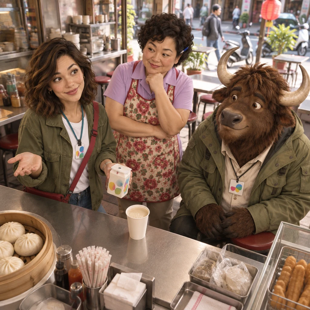 Maya shrugs and tips the carton as a low-stakes offer while Auntie Lin considers and A-Li the yak turns to an unfinished cup.