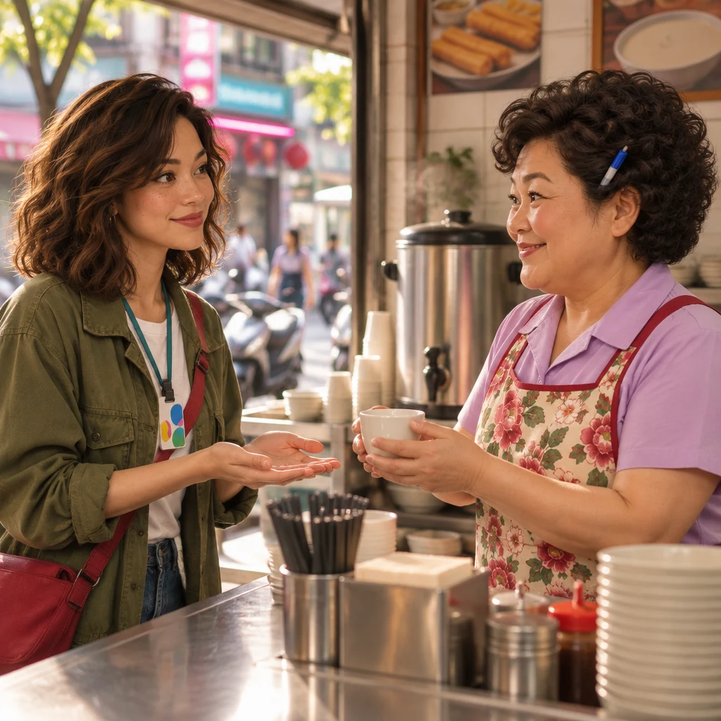 Maya faces Auntie Lin with both palms open and her head tilted, waiting, while Auntie Lin holds a clean cup and looks back.