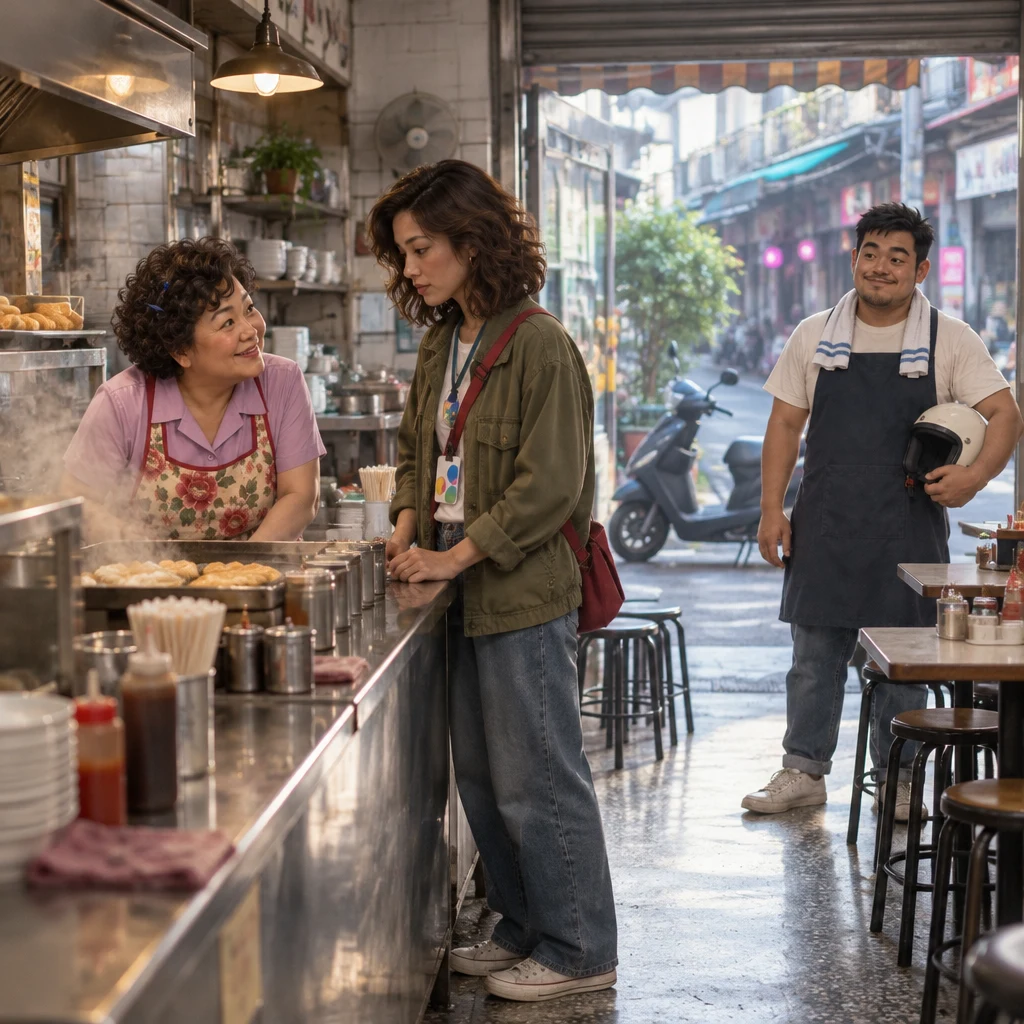 Inside the breakfast shop before the lane fully wakes, tired Maya stands at the counter, Auntie Lin leans in, and A-Jie waits with a helmet.