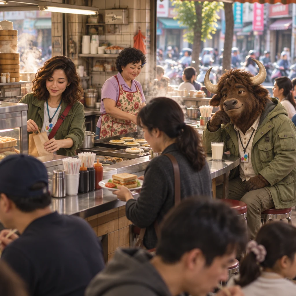 A packed Saturday-morning breakfast shop with Maya behind the counter, Auntie Lin frying egg pancakes, a regular returning with the wrong plate, and A-Li the yak watching from stools beside a full soy-milk cup.