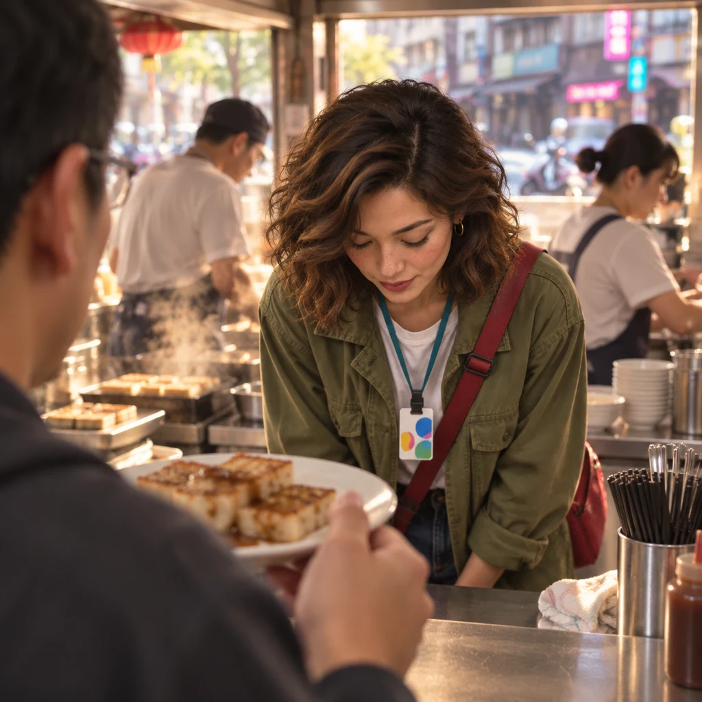 Maya behind the counter bows in apology toward the regular who still holds the mismatched plate of turnip cake.