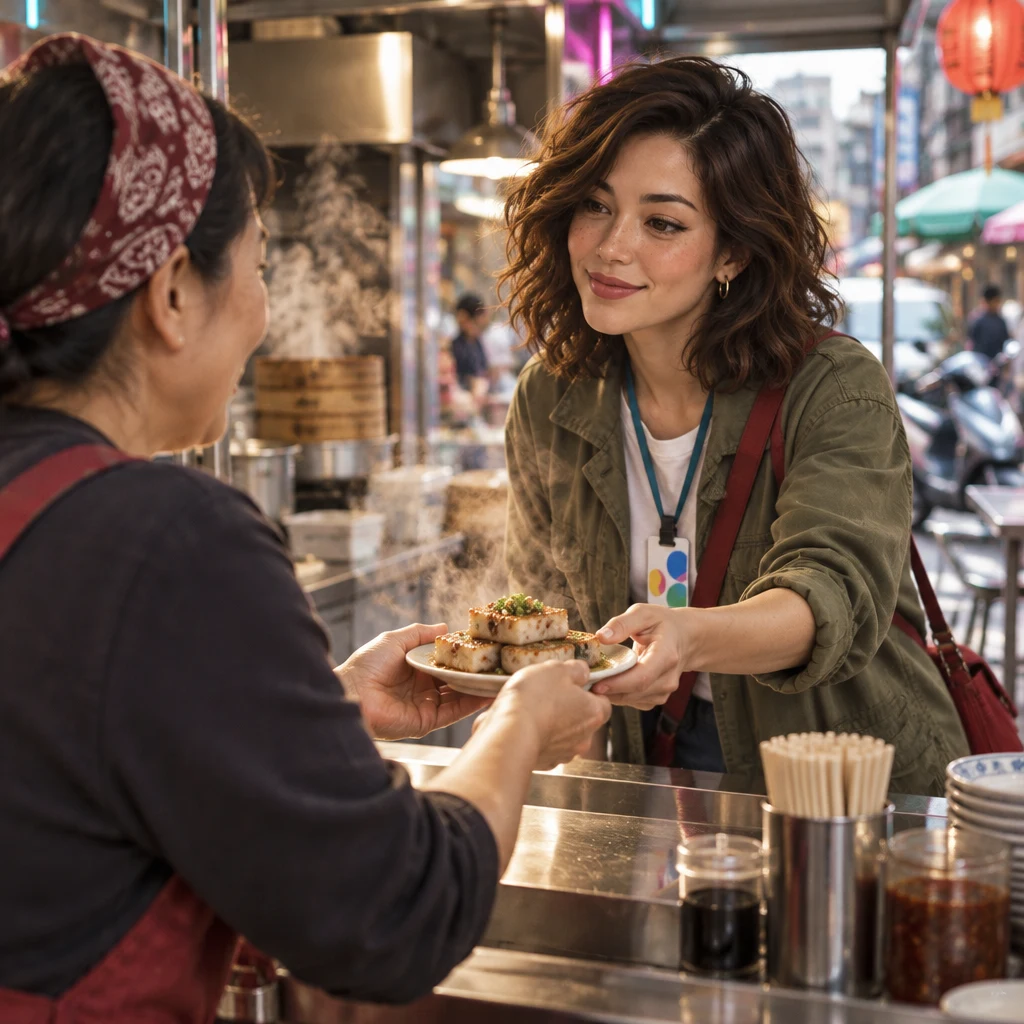 Maya reaches across the counter to take charge of the wrong order while the regular holds the plate out.