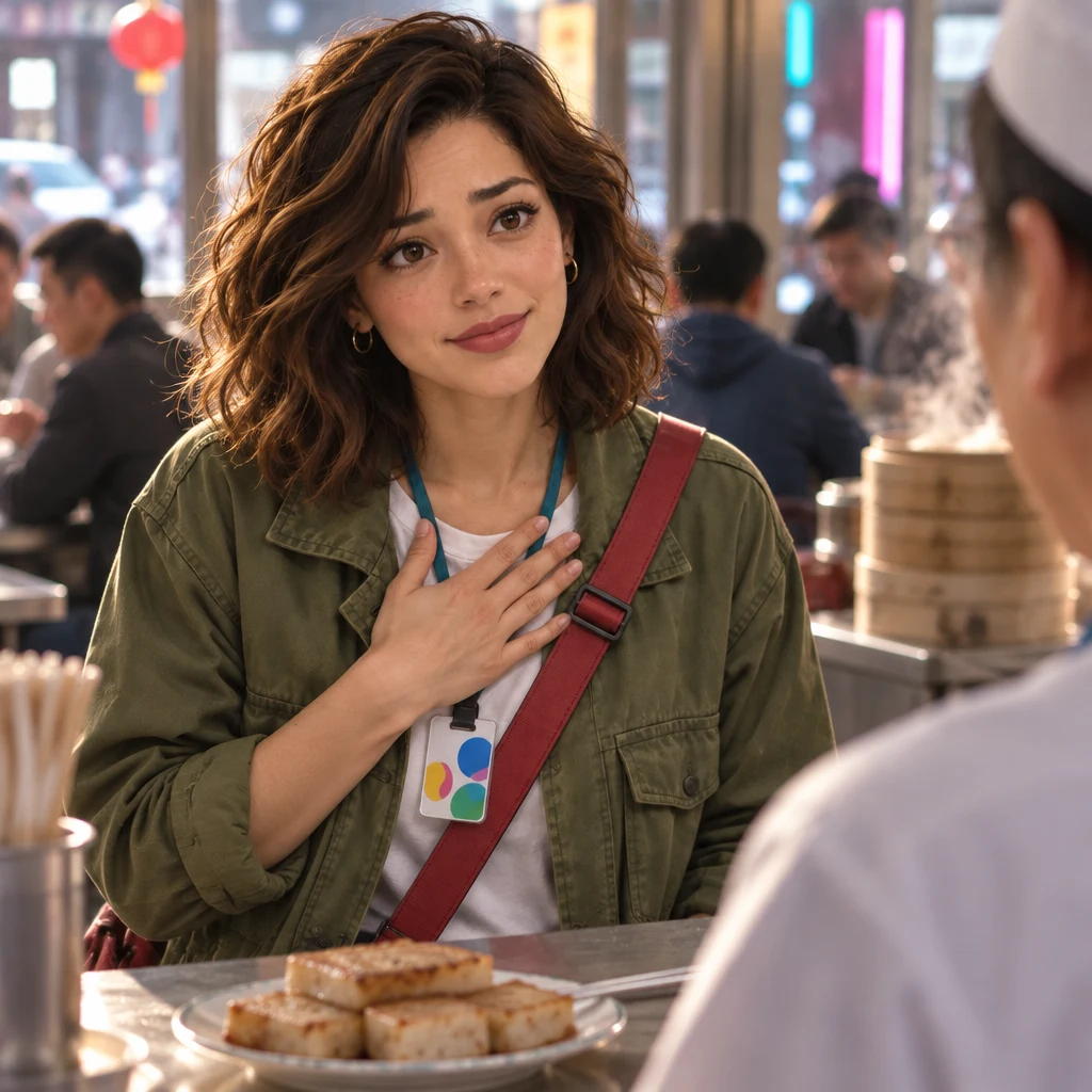 Maya owns the mistake with a hand on the chest while the regular points at the turnip cake on the plate.