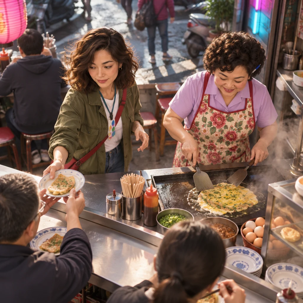 Maya takes the wrong plate from the regular to replace it while Auntie Lin starts a fresh egg pancake.