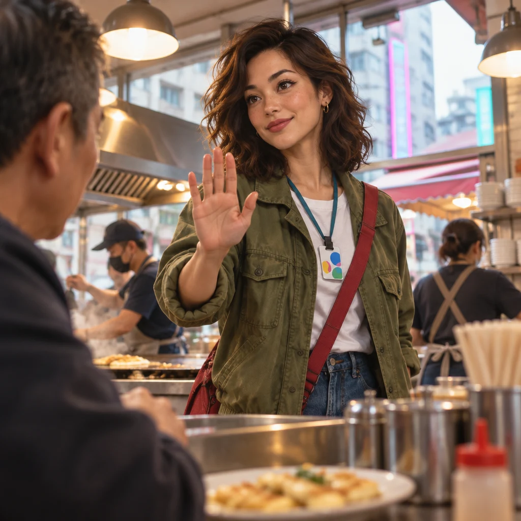 Maya faces the regular with a firm nod and a steady raised palm, promising by posture that the mix-up will not be repeated.