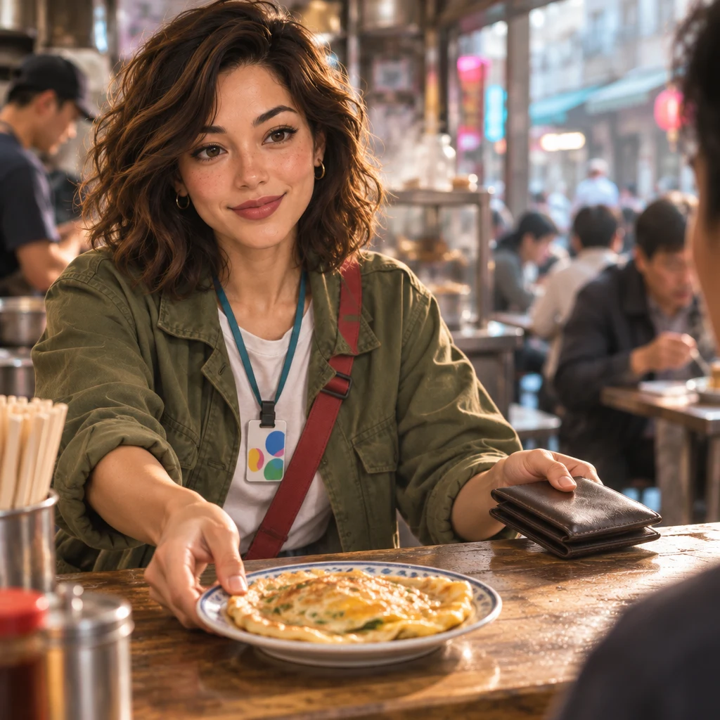 Maya slides a complimentary fresh egg pancake to the regular and gently turns a closed wallet back.