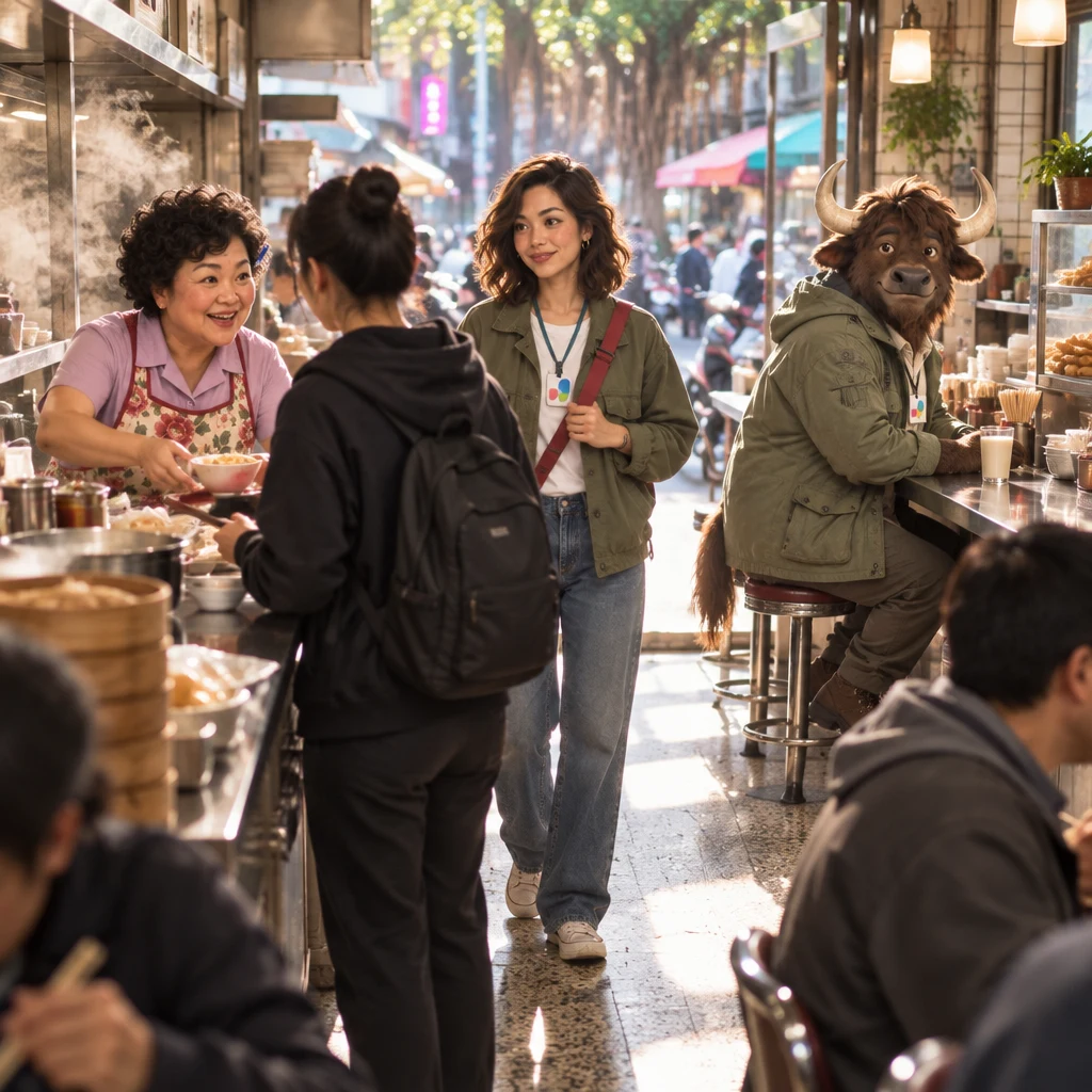 Morning rush fills Banyan Breakfast as a newcomer freezes at the counter, Auntie Lin leans in, Maya steps forward, and A-Li the yak sits across a pair of stools with soy milk still untouched.