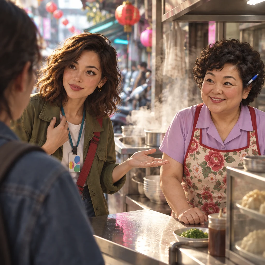 Maya leans in at the newcomer's elbow to translate, one hand at the collarbone and the other open toward Auntie Lin.