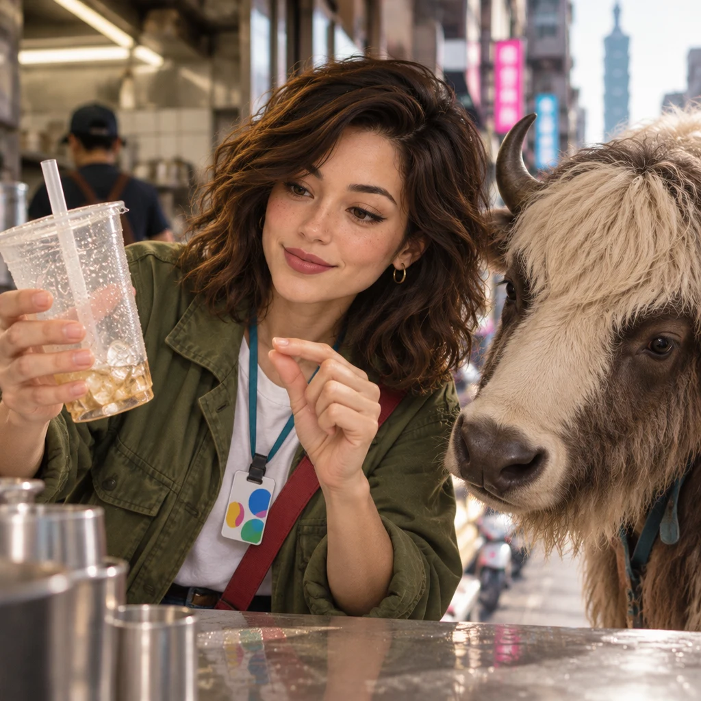 Maya holds up a barely iced drink and pinches the fingers to show a small amount of ice while the newcomer looks at the cup.