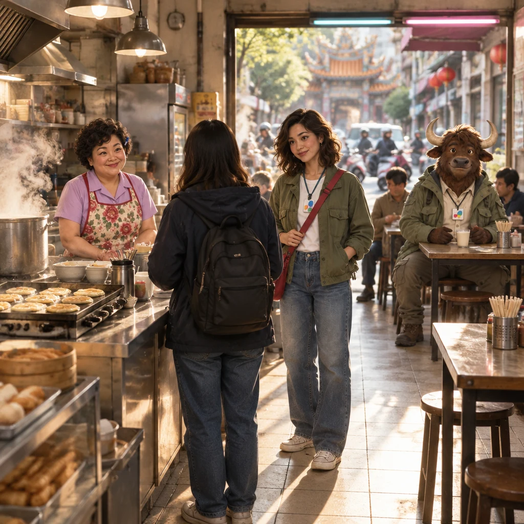A newcomer hesitates at the counter of Banyan Breakfast while Auntie Lin waits, Maya stands nearby, and A-Li sits on two stools with soy milk untouched.