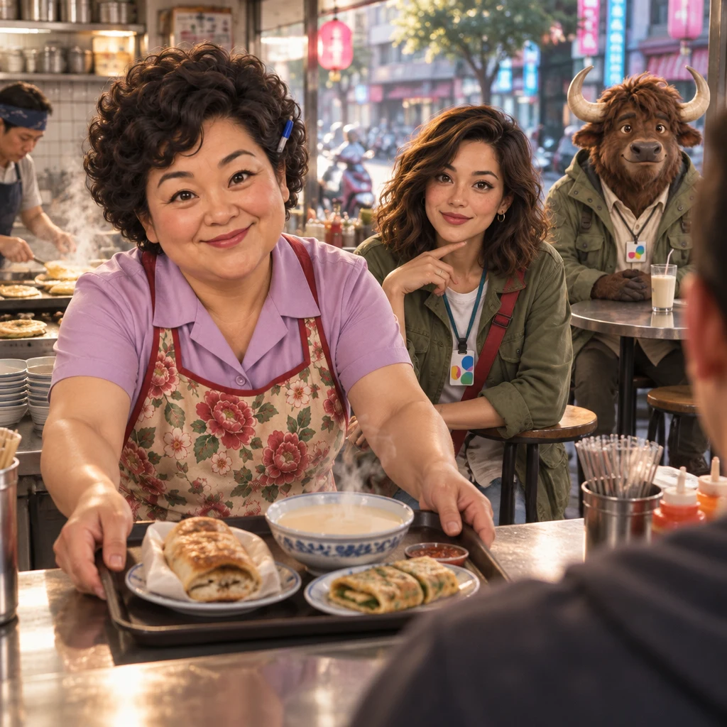 Auntie Lin slides a breakfast tray toward the unsure newcomer while Maya leans on a stool and A-Li sits with untouched soy milk.