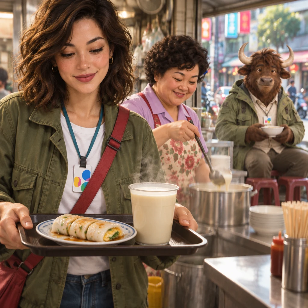 Maya lifts one tray that holds both a rice roll and soy milk while Auntie Lin ladles at the pot and A-Li occupies two stools.