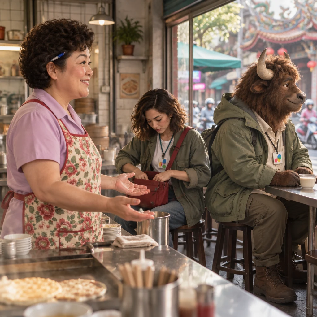 Auntie Lin stands in profile with open empty hands while Maya searches a bag and A-Li looks toward the door.