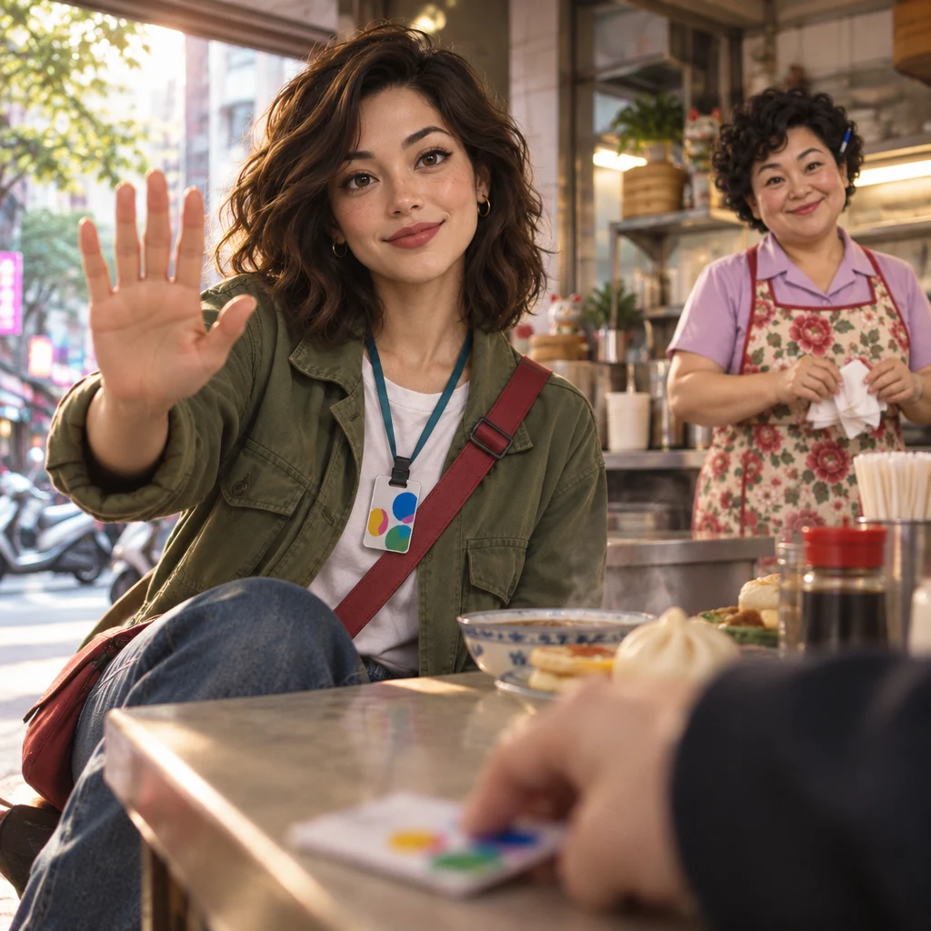 Maya sits unhurried with one palm raised to slow the rush while the newcomer fumbles a transit card and Auntie Lin folds napkins slowly.