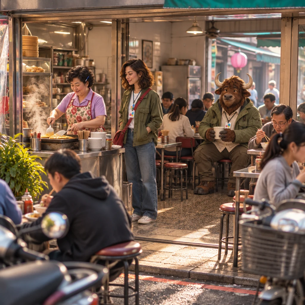 Morning rush fills Banyan Breakfast, with Auntie Lin at the griddle, Maya waiting for an egg pancake, and A-Li the yak on two stools with a full cup of soy milk.