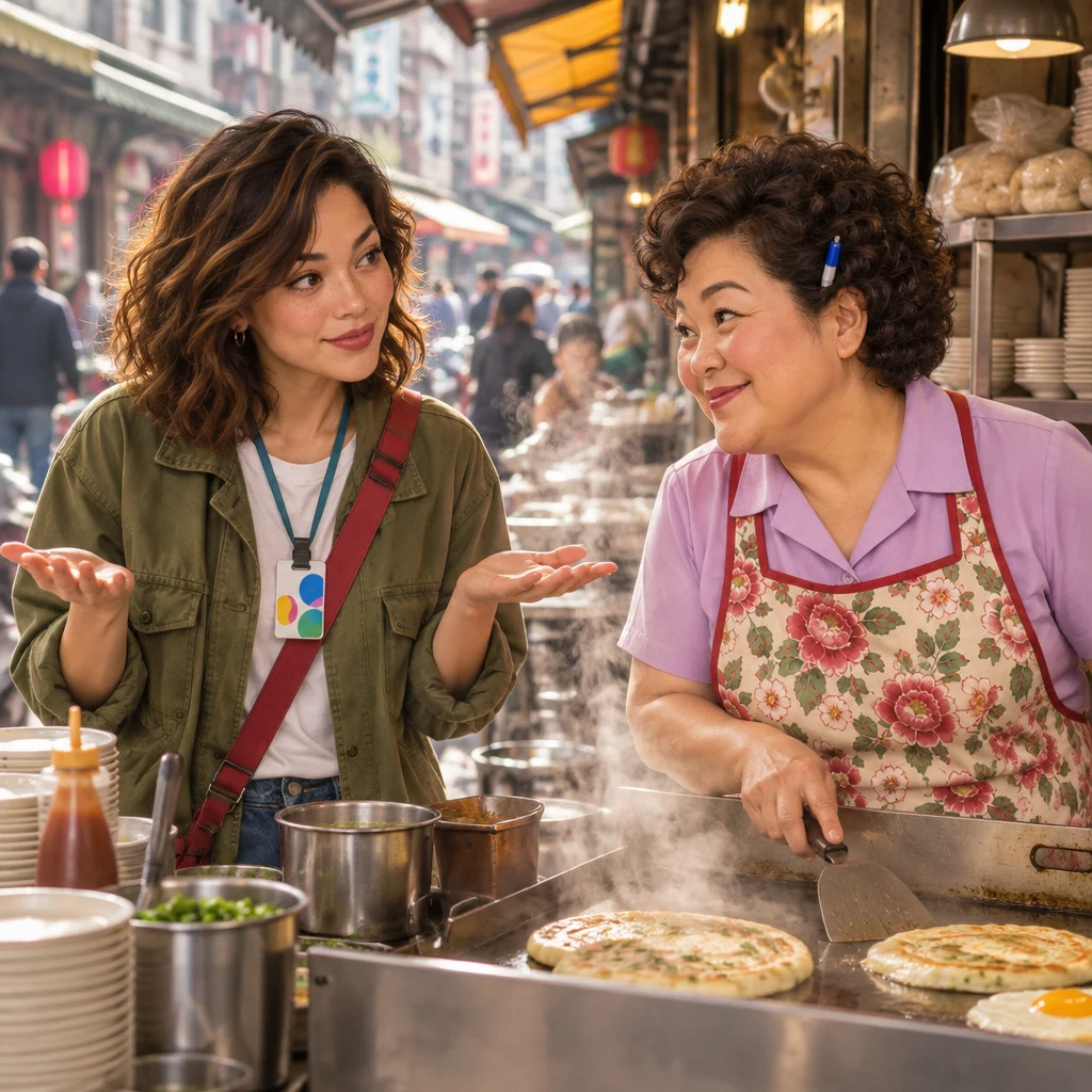 Maya makes a small weighing gesture at the counter toward Auntie Lin, as if this morning and the one back home do not match.