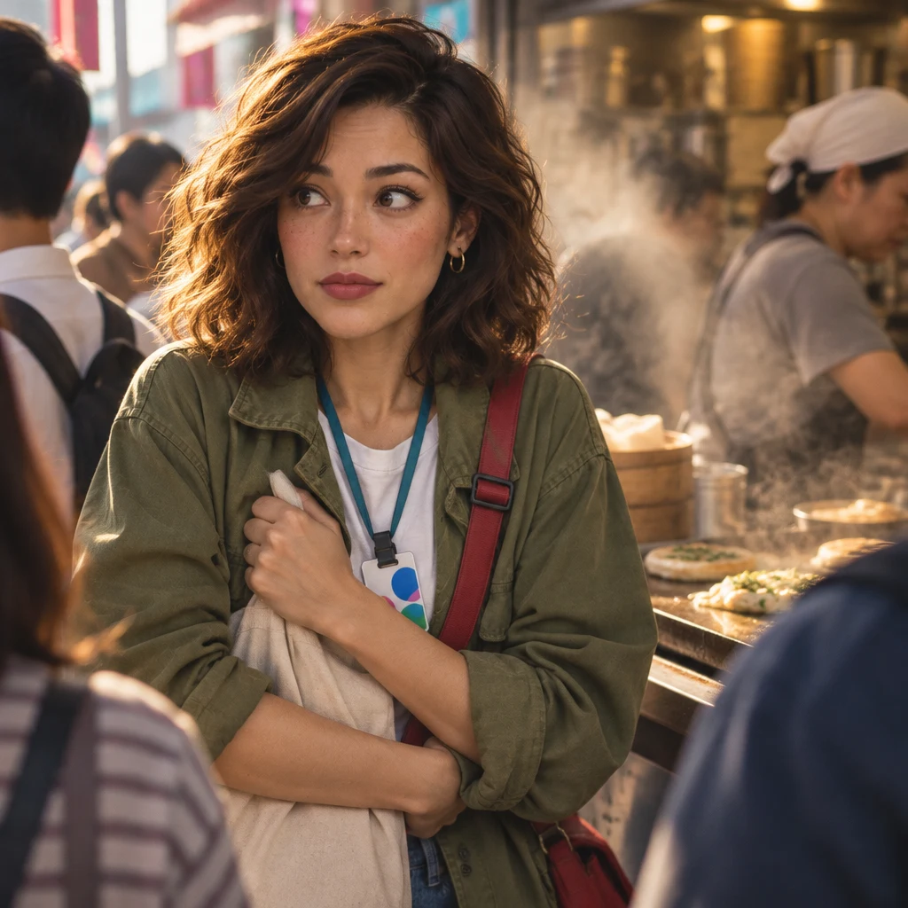 Maya hugs a tote close and stands rigid in the breakfast rush, not yet at ease in the crowd.