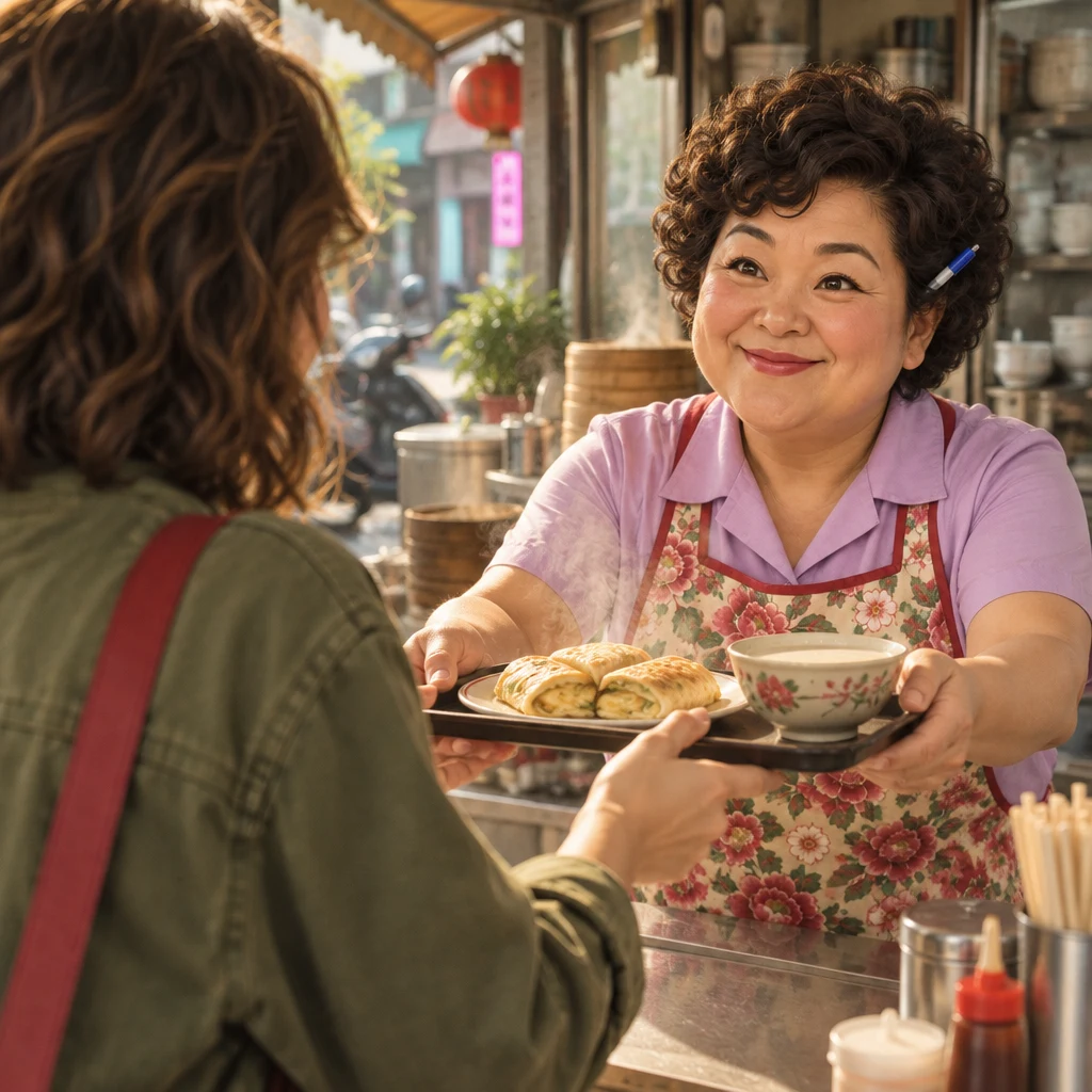 Maya reaches with a glad posture as Auntie Lin holds out a steaming breakfast tray.