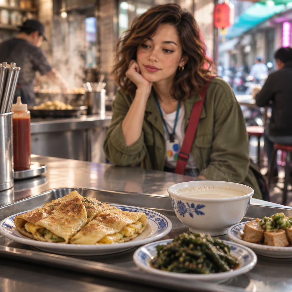 An unfamiliar breakfast tray sits in focus on the counter while Maya, soft in the background, tilts in confusion.