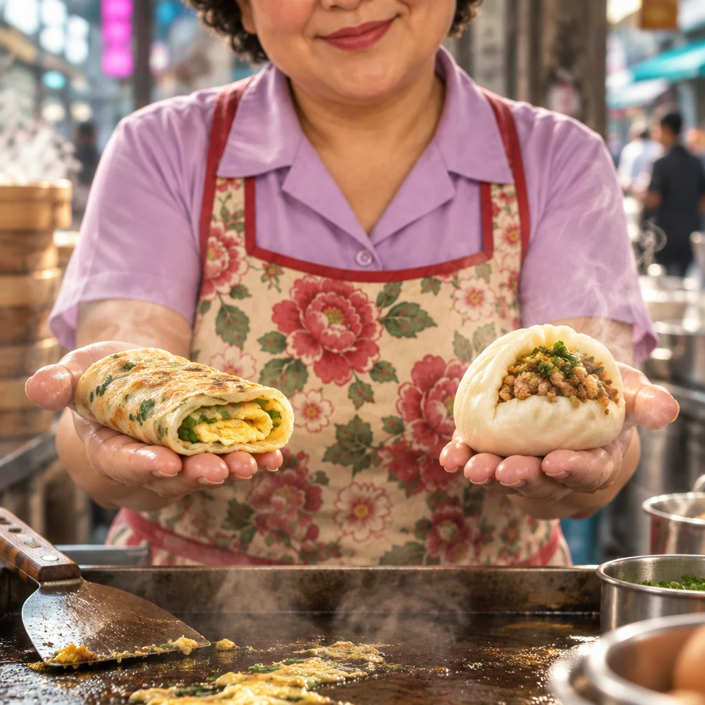 Auntie Lin's open hands hover at equal height above the counter, giving even weight to two kinds of morning.