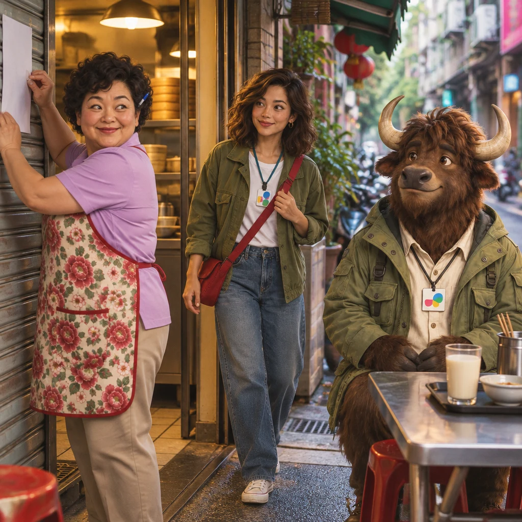 Auntie Lin tapes a sheet to the breakfast-shop shutter while Maya arrives and A-Li waits beside a soy-milk tray.
