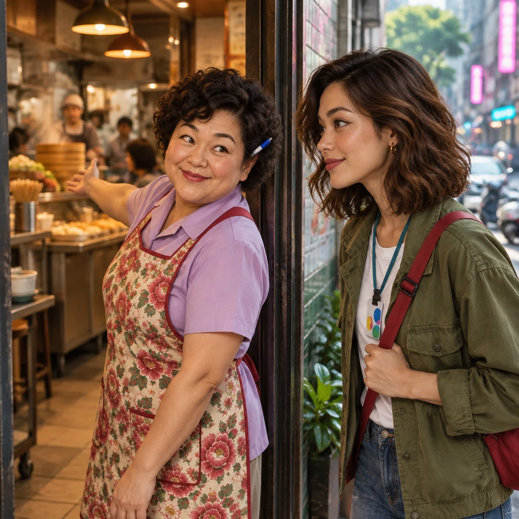 Auntie Lin stands in the shop doorway pointing toward the interior counter while Maya follows the gesture.