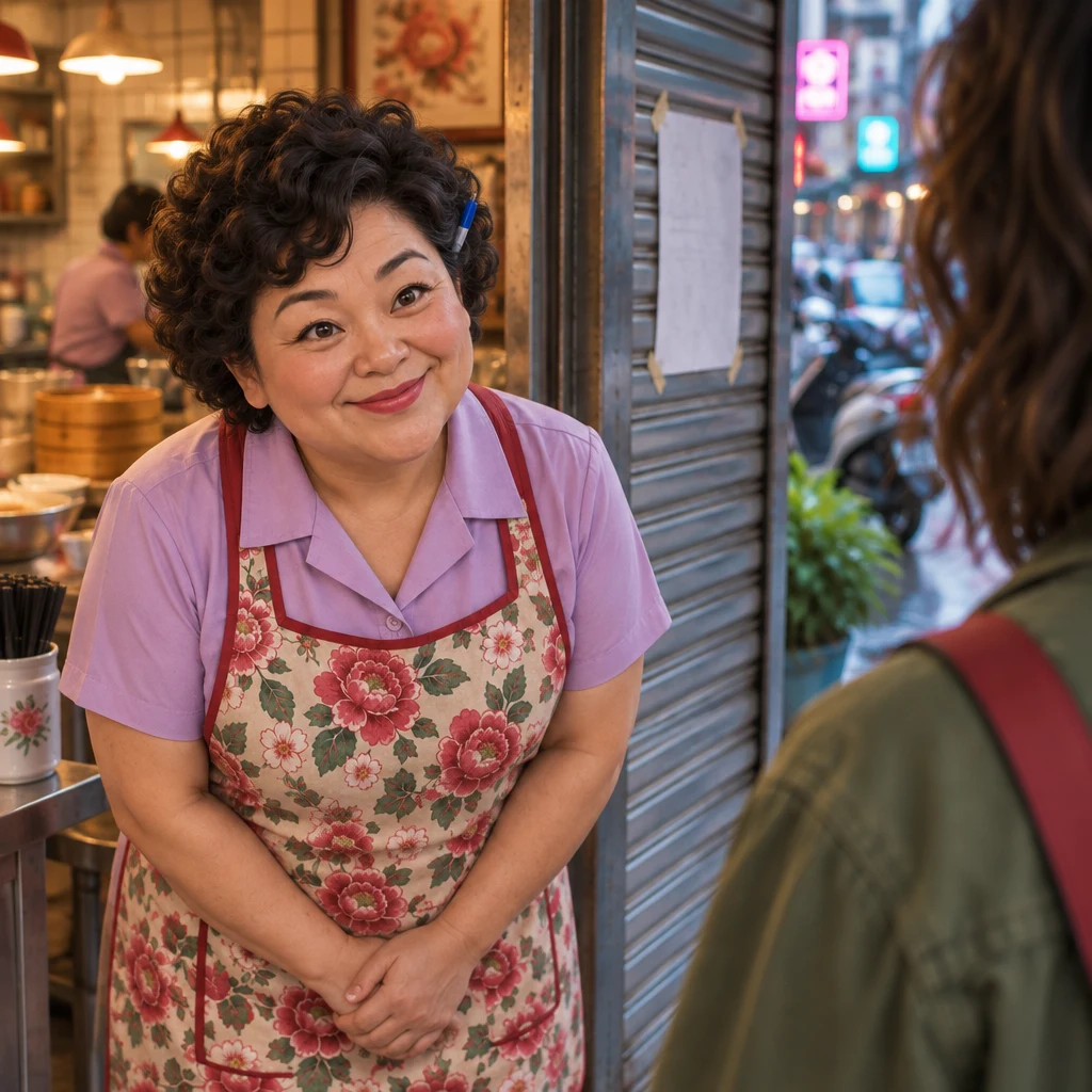 Auntie Lin faces Maya with a slight apologetic bow and hands together; the taped sheet is already on the shutter behind.