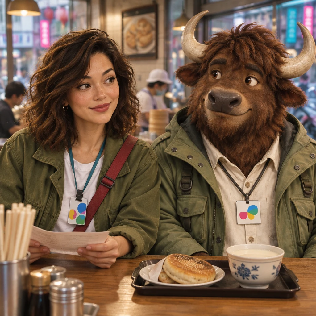 Maya holds a sheet loosely at the breakfast counter while A-Li’s soy milk waits on the tray beside him.