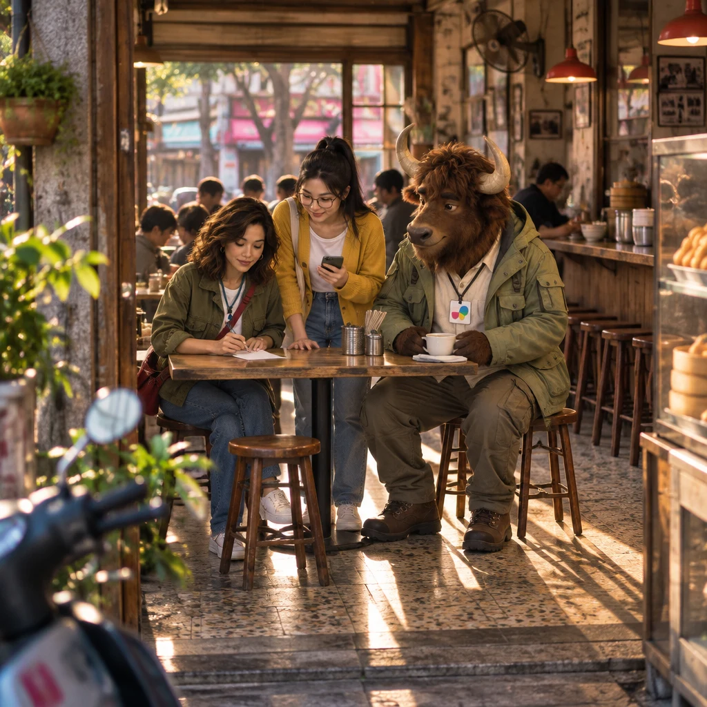 Late-afternoon Banyan Breakfast with Maya pausing over a blank card while Yi-Jun leans in and A-Li sits on two stools beside unfinished soy milk.