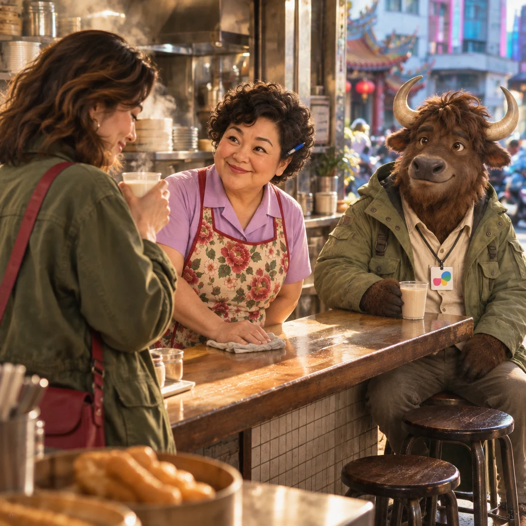 Maya stands at the counter holding a soy-milk cup, head lowered toward Auntie Lin, while A-Li sits on two stools nearby.
