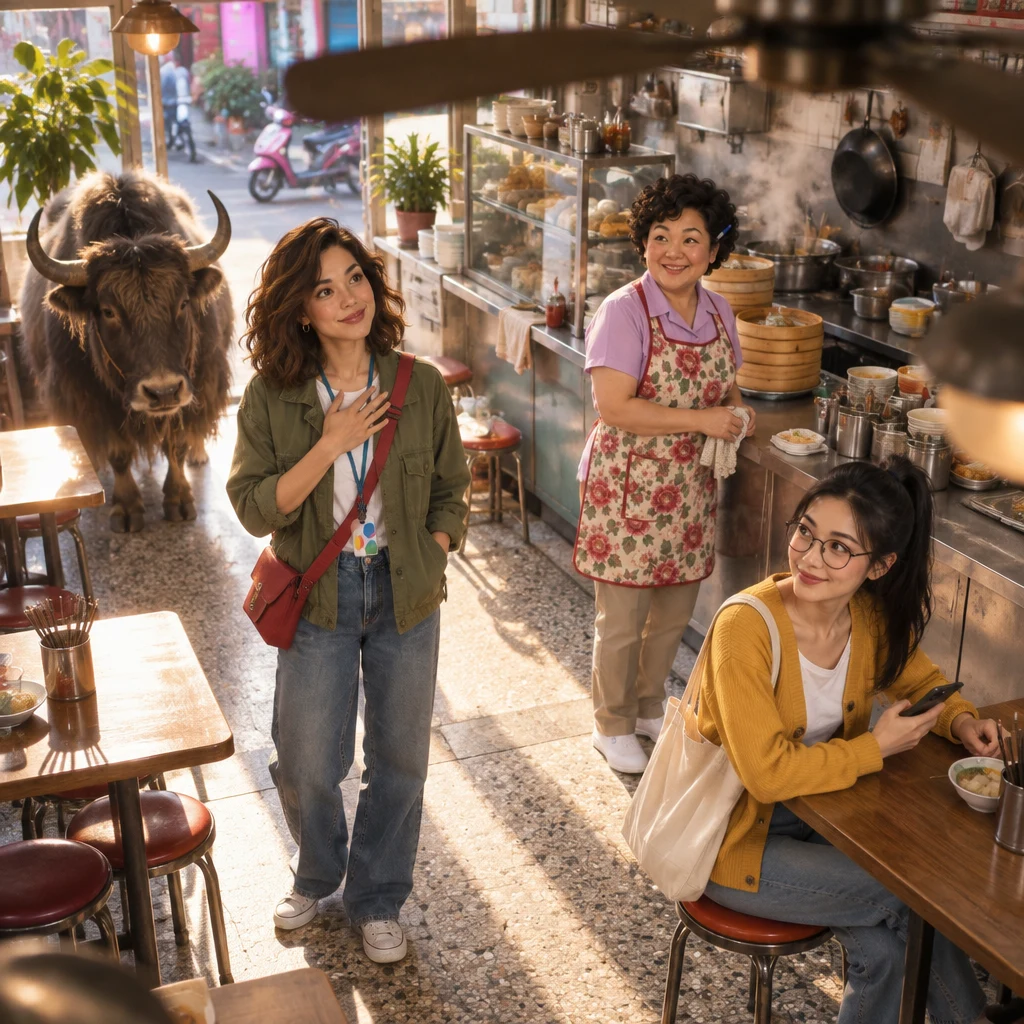 Maya stands in the aisle with one hand over her heart, looking around at Auntie Lin and Yi-Jun.