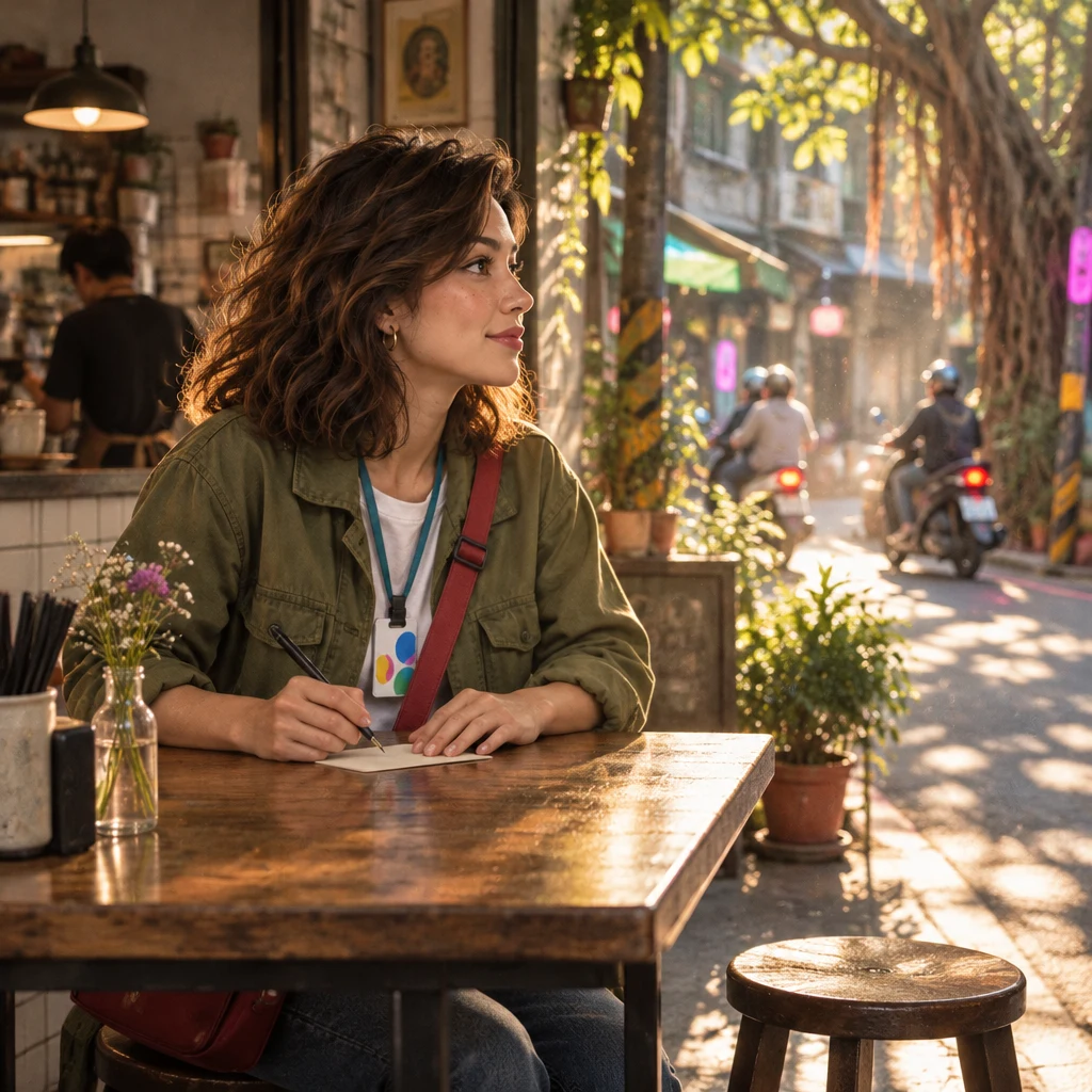 Maya sits alone at the table in profile, looking out at the sunlit lane with the blank card under her hand.