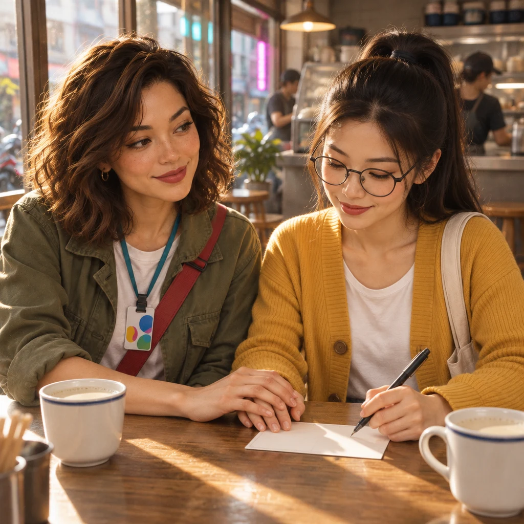 Maya covers Yi-Jun's hand on the table while Yi-Jun still holds a pen.