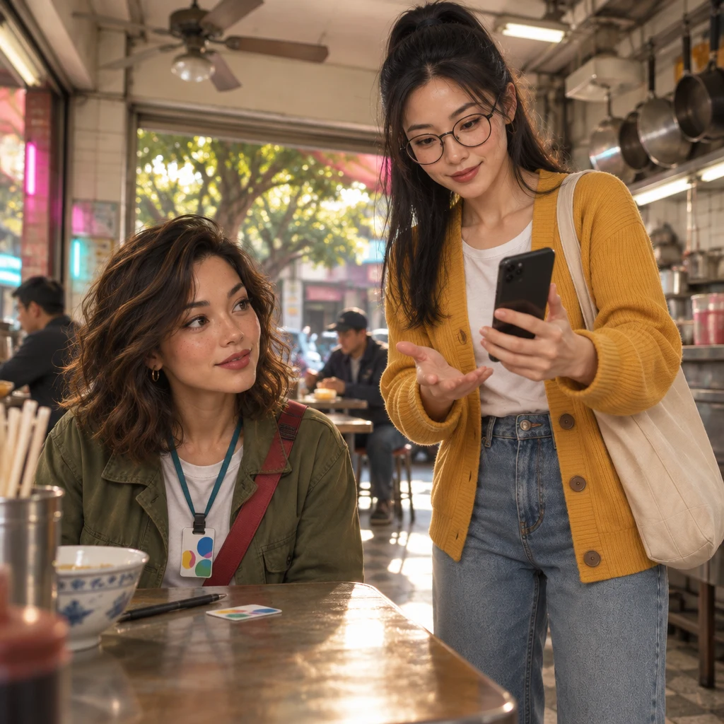 Yi-Jun stands and holds out a dark-screen phone, gesturing between herself and seated Maya.