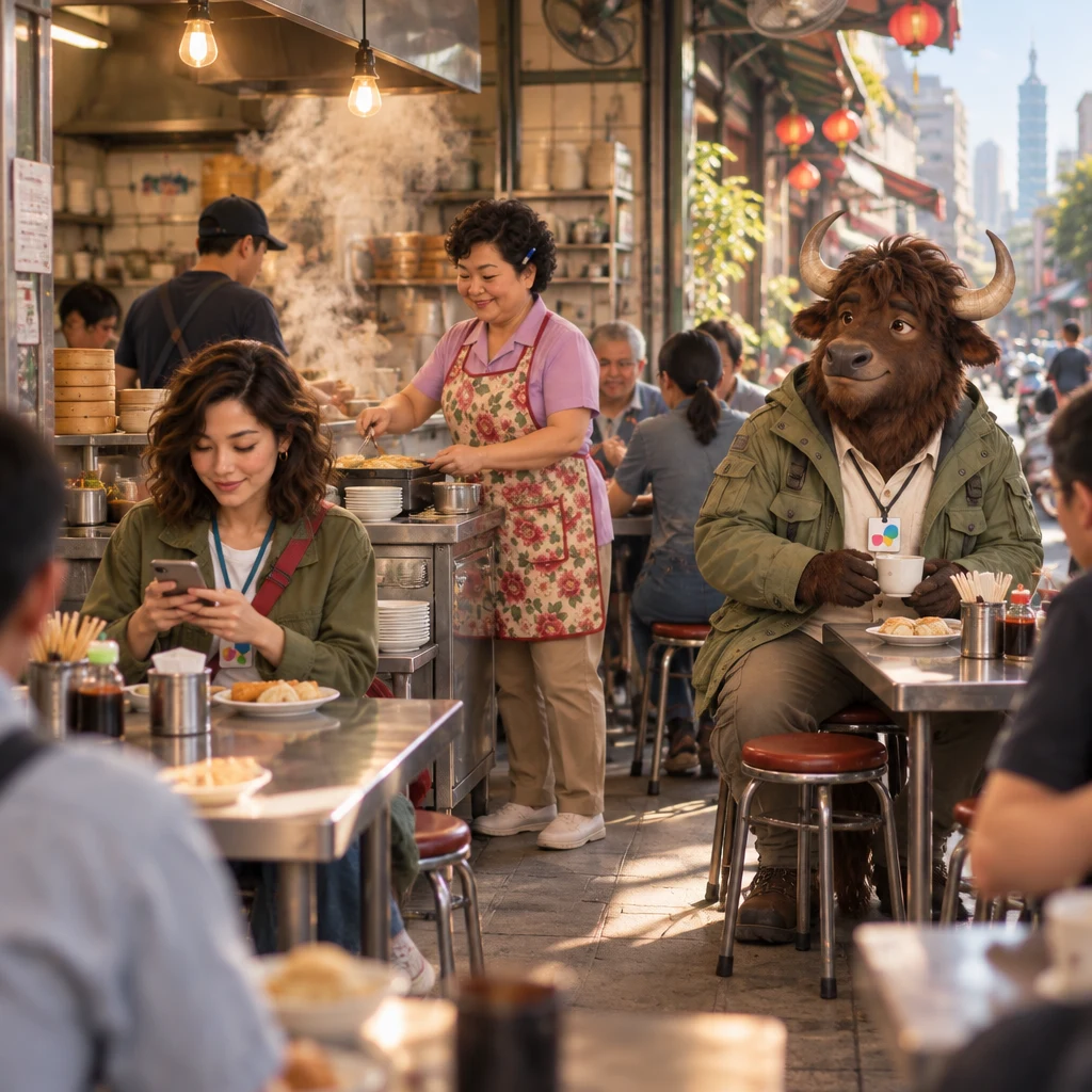 A clear-morning breakfast shop with Maya over a blurred phone, Auntie Lin at the griddle, and A-Li occupying two stools beside barely touched soy milk.