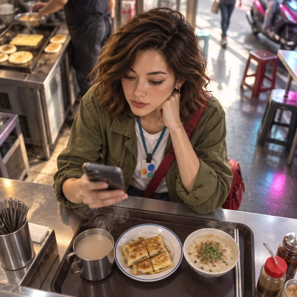 Maya sits at the breakfast counter staring at a blurred phone, breakfast tray ignored, as if she has just noticed a news story.